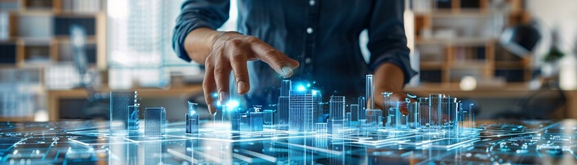 Poster - Inside a cutting-edge office space, a real estate agent leverages holographic 3D render models to explore innovative property designs. The blurred background enhances the futuristic aesthetic,