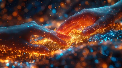 Two hands reaching out to each other with a sparkling connection, representing human interaction and technology