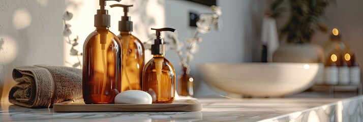 Aufkleber - A close-up of stylish shampoo and conditioner bottles arranged on a bathroom countertop. Generative AI