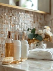 Poster - Close-up of stylish shampoo and conditioner bottles on a countertop in a bathroom setting. Generative AI