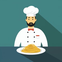 Chef in a hat and a plate of spaghetti in retro style