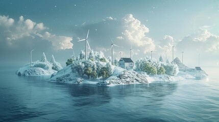 The image shows a frozen island with a few trees and a house on it. The water around the island is frozen and there are some clouds in the sky.