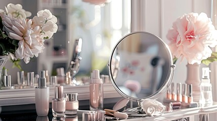 Poster - A vanity tabletop with a mirror, cosmetic products, and flowers in an organized, elegant setting. Generative AI