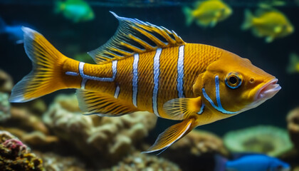 A fish with stripes and a yellow belly swims in a tank