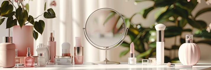 Poster - A closeup of a vanity tabletop with a mirror surrounded by various cosmetic products. The setting is elegant and bright, inviting viewers to discover the products. Generative AI