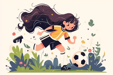 Wall Mural - illustration of a woman playing soccer with copy space