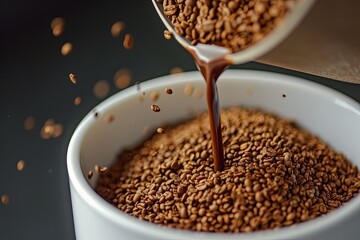 Canvas Print - Closeup of instant coffee granules being poured into white cup