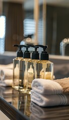 Aufkleber - Close-up of stylish bottles of shampoo and conditioner on a bathroom countertop, with towels. Generative AI