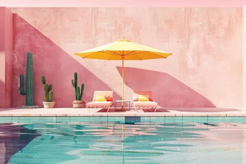Wall Mural - minimalist swimming pool with two sunbeds and a yellow umbrella, pastel colors