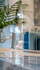 Poster - Close-up of elegant shampoo and conditioner bottles arranged on a bathroom counter. Generative AI