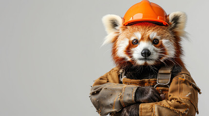 A red panda wearing an orange hard hat and construction vest is standing with its arms crossed.