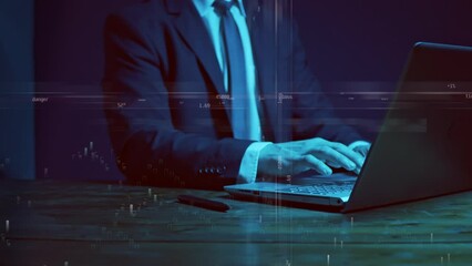 Cg footage. Growing graphs and diagrams against the background of a man working on a laptop. Financial specialization