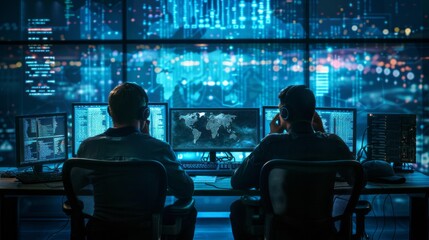 Aufkleber - Two men are sitting at a computer desk with monitors in front of them