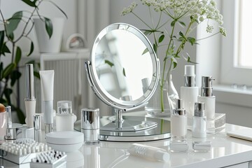 Poster - A white vanity tabletop with a round mirror and various cosmetic products in bottles and jars. Generative AI