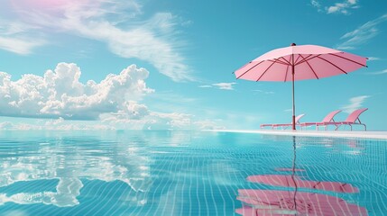 Wall Mural - Swimming pool with beach umbrella and chairs. Pink summer vacation concept