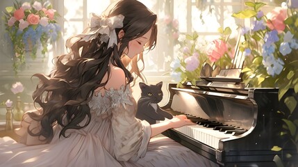 Beautiful lofi anime young girl playing a piano with cute kitten. 3d digital art cartoon illustration of auditory hallucinations. Abstract flower garden fantasy landscape background