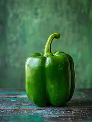 Wall Mural - Single fresh green bell pepper on rustic wooden table.