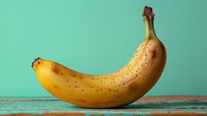 A ripe banana on a wooden surface with a green background.