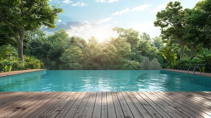 Empty wooden deck with swimming pool