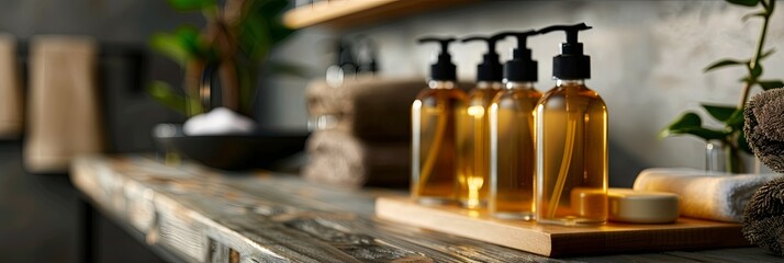 Poster - Close up shot of four stylish shampoo and conditioner bottles on a wooden shelf in a modern bathroom. Generative AI