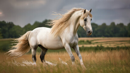 Canvas Print - horse portrait with flowing mane and elegant posture in a field