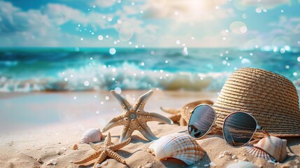 Summer composition on sandy beach with hat, sunglasses and shells