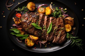 Canvas Print - Grilled steak served on a dark plate, accompanied by fresh herbs, tomatoes, and garnishing