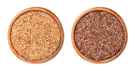 Wall Mural - Golden and brown flax seeds in wooden bowls. Whole common flax or linseed, Linum usitatissimum, rich in omega-3 fatty acids, used as a nutritional supplement, or for linseed oil. Isolated, food photo.