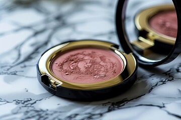 Poster - A close-up image of a compact blush with a gold trim, resting on a marble surface. Generative AI