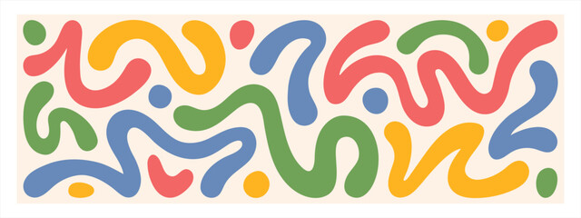 Groovy hippie 60s abstract illustration. Fluid organic shape colorful blobs, squiggles, wavy doodle stripes inscribed in a rectangle banner. Bold hand drawn lines, spots. Text background, header.