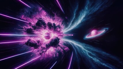 Wall Mural - Abstract flight in retro neon hyper warp space in the tunnel 3d