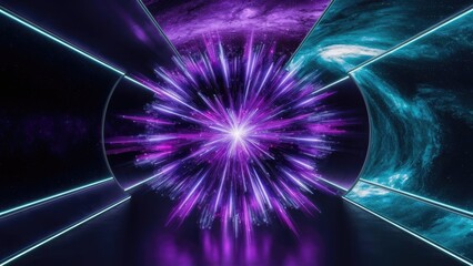 Wall Mural - Abstract flight in retro neon hyper warp space in the tunnel 3d