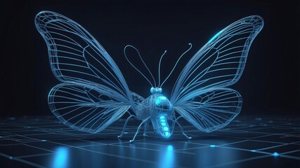 Wall Mural - digital wireframe butterfly illustration, utilizing lines and points technology, with blue glowing d