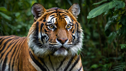 Wall Mural - tiger portrait with intense stare in its natural jungle habitat