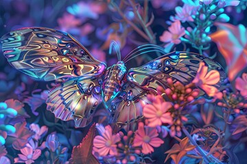 Wall Mural - Cybernetic Moth in a Field of Digital Luminous Flowers