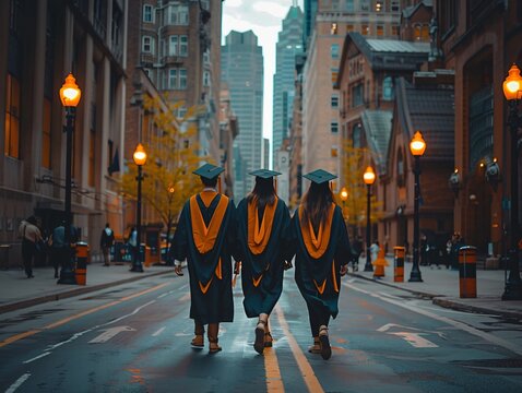 Three graduates in gowns walk on street