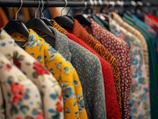 Wall Mural - Close-up of colorful shirts on rail