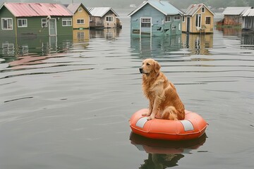 Wall Mural - Golden Retriever sits on life preserver in water, houses in water