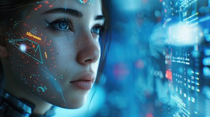 Wall Mural - Portrait of a futuristic android woman with advanced technology data overlay