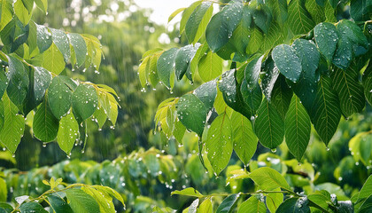 Wall Mural - leaves of trees with droplets of water on them after a rain