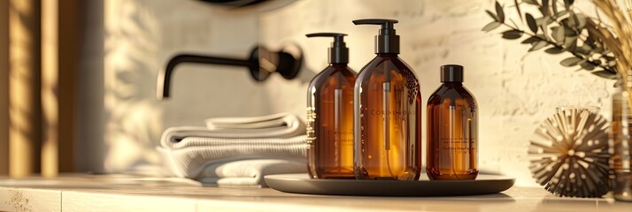 Poster - Three bottles of shampoo and conditioner in amber glass on a bathroom counter. Generative AI