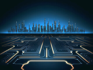 Poster - A futuristic city skyline over a circuit board, digital art on a dark blue background, concept of smart cities. Generative AI