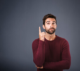 Aufkleber - Choice, thinking and man with ideas, decision and problem solving on grey studio background. Person, model and guy with wonder, why and thoughts with questions, inspiration and planning with solution