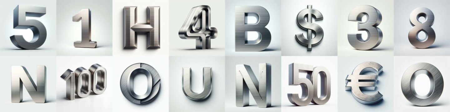 Brushed steel metal Lettering Typeface. AI generated illustration