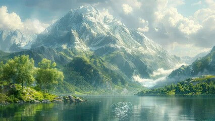 Wall Mural - animation majestic mountain reflections on serene lake generated with ai
