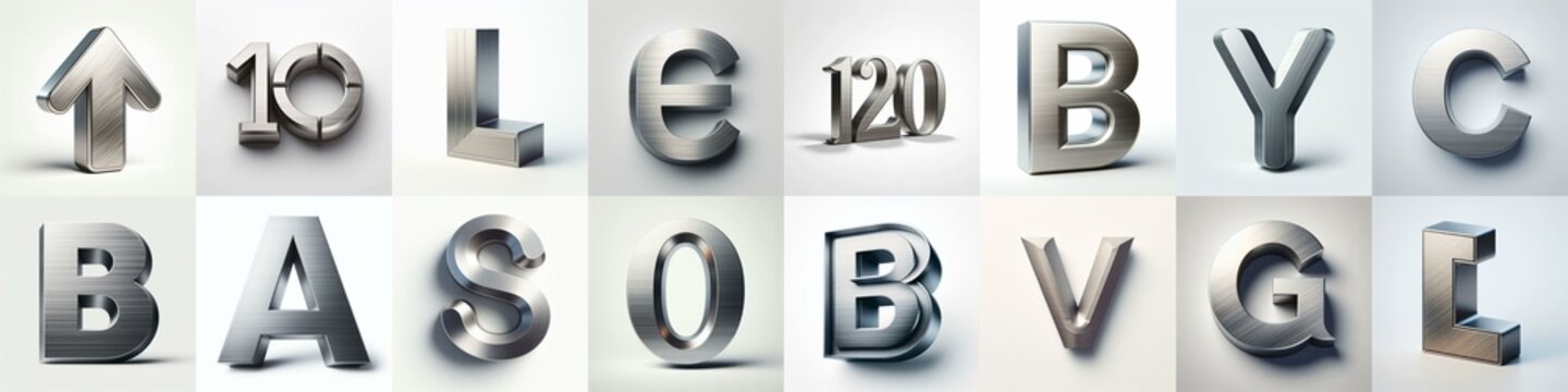 Brushed steel metal Lettering Typeface. AI generated illustration
