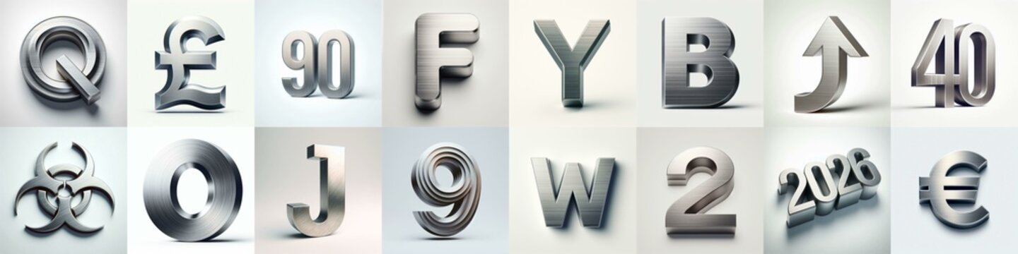 Brushed steel metal Lettering Typeface. AI generated illustration