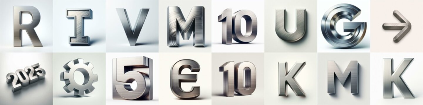 Brushed steel metal Lettering Typeface. AI generated illustration