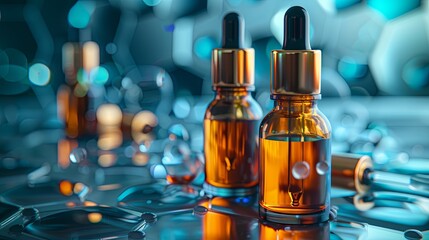 Poster - Close-up image of glass bottles filled with serum, featuring droplets on a surface with a blurred background of laboratory tools. Generative AI