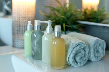 Poster - Luxurious bottles of shampoo and conditioner in a modern bathroom setting. Generative AI